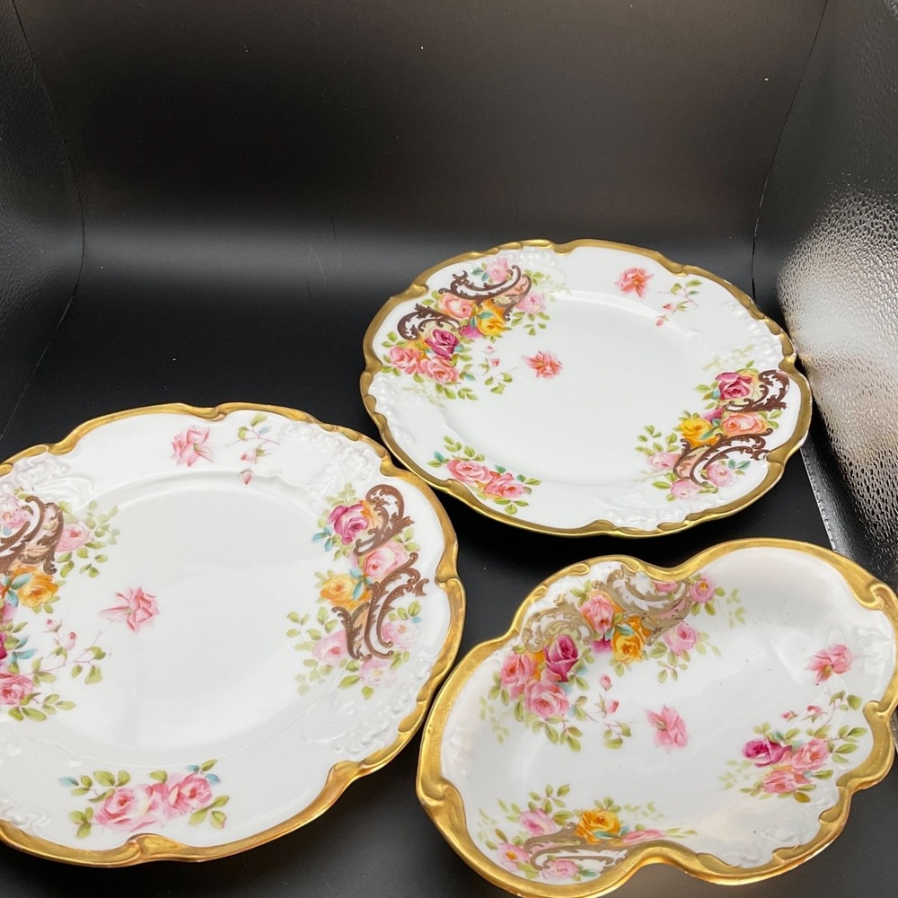 3 Pc. Set Antique Pouyat Limoges Pink Roses Gilded‎ Gold Scroll Scallop France